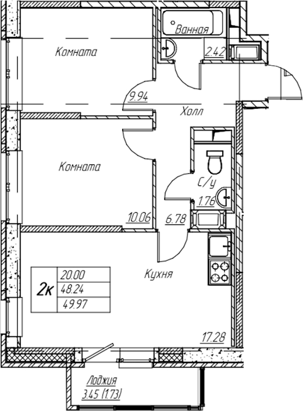 2-комнатная квартира 49.97 м², 8/22 эт., ЖК «Парк-квартал Юнтолово»